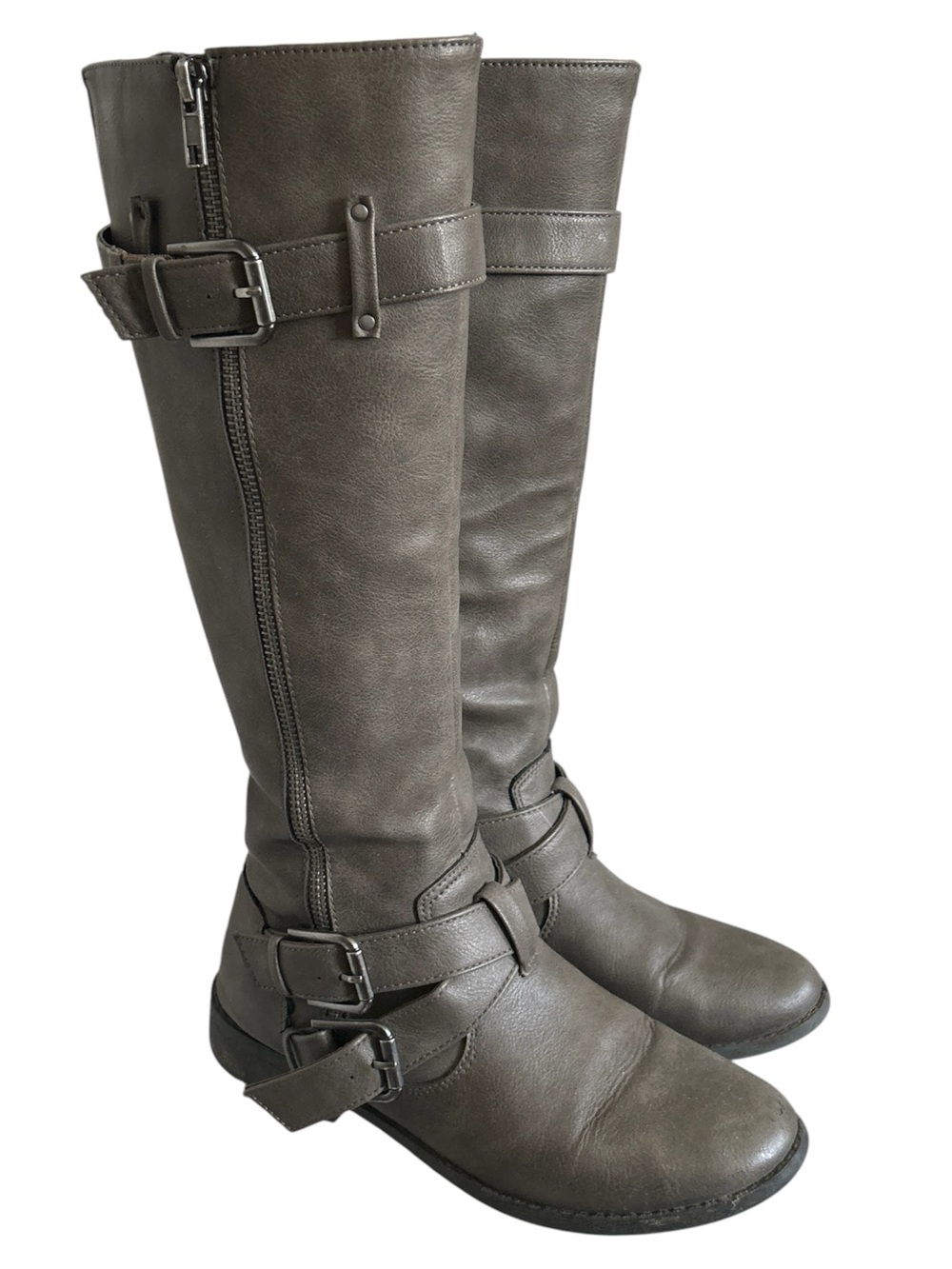 Y2K “Fergalicious” Grey Brown Faux Leather Knee High Buckle Style Boots
